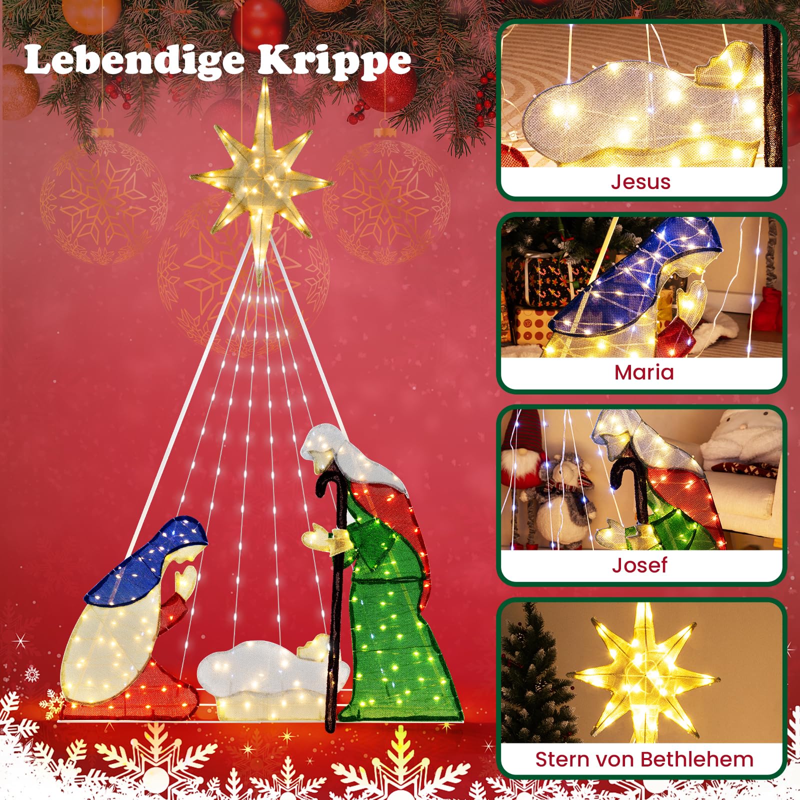 COSTWAY Krippe Weihnachten, 180 cm große Weihnachtskrippe mit 240 warmweißenLED-Lichtern, beleuchtete Weihnachtsdeko Krippenszene, Weihnachtsdekoration, Weihnachtsbeleuchtung für außen, innen