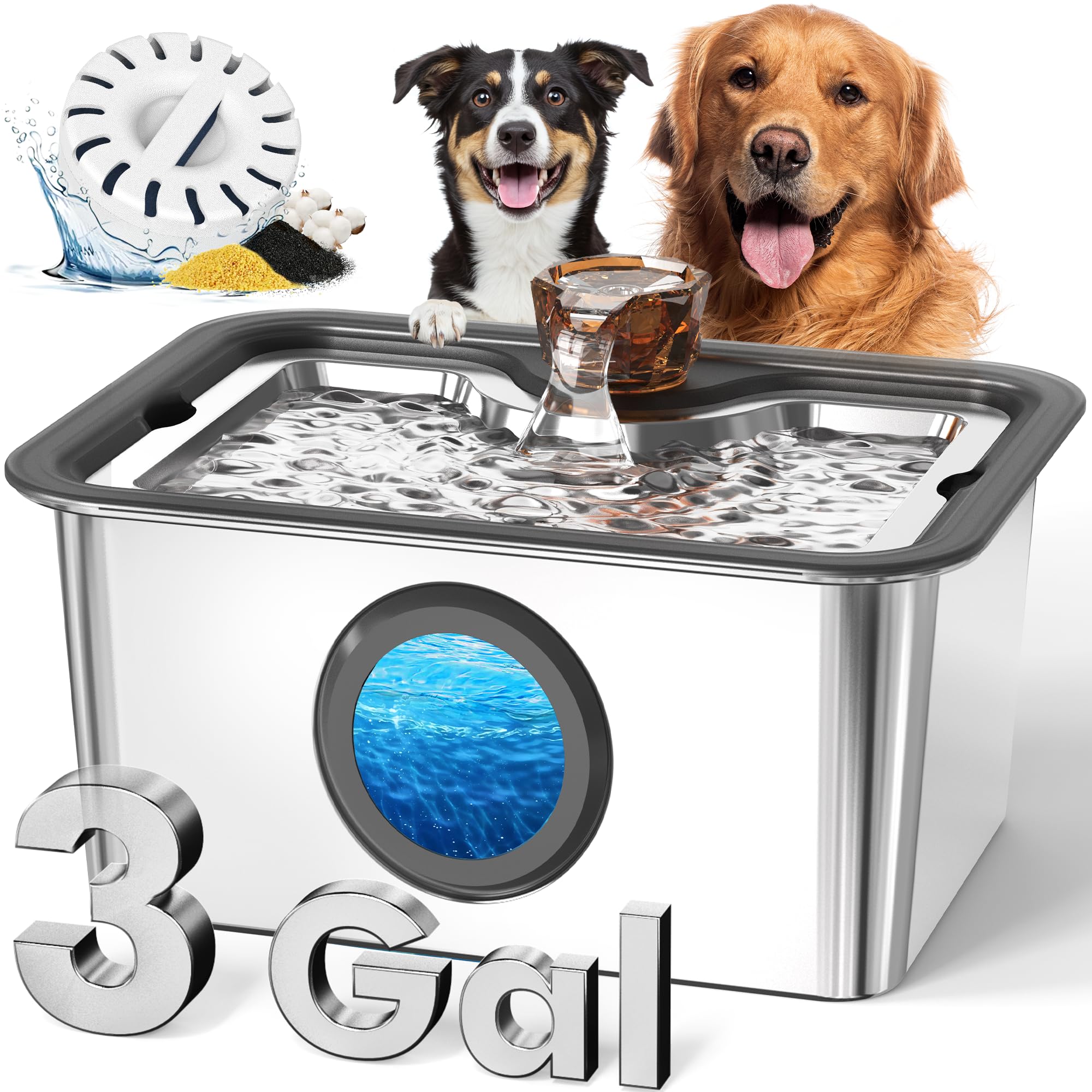 3-Gallon Large Dog Water Fountain with Filter, Stainless Steel Automatic Pet Fountain, Ultra Quiet Pump & Easy-Clean Top for Big Dogs, Cats, Multiple Pets
