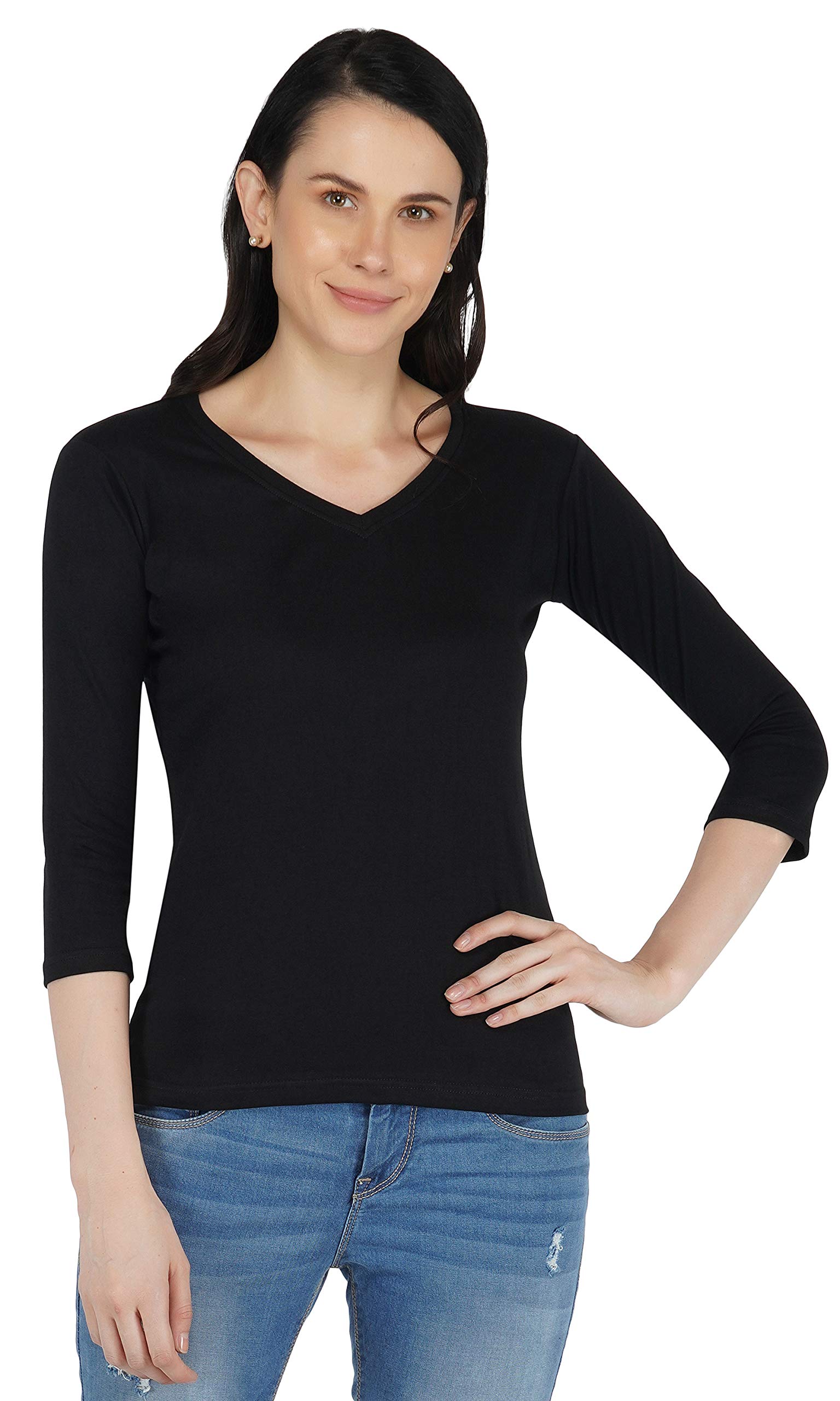 Sundish Regular Fit V-Neck 3/4th Sleeve T-Shirt for Women | Tee Tops (Black)-picture-38