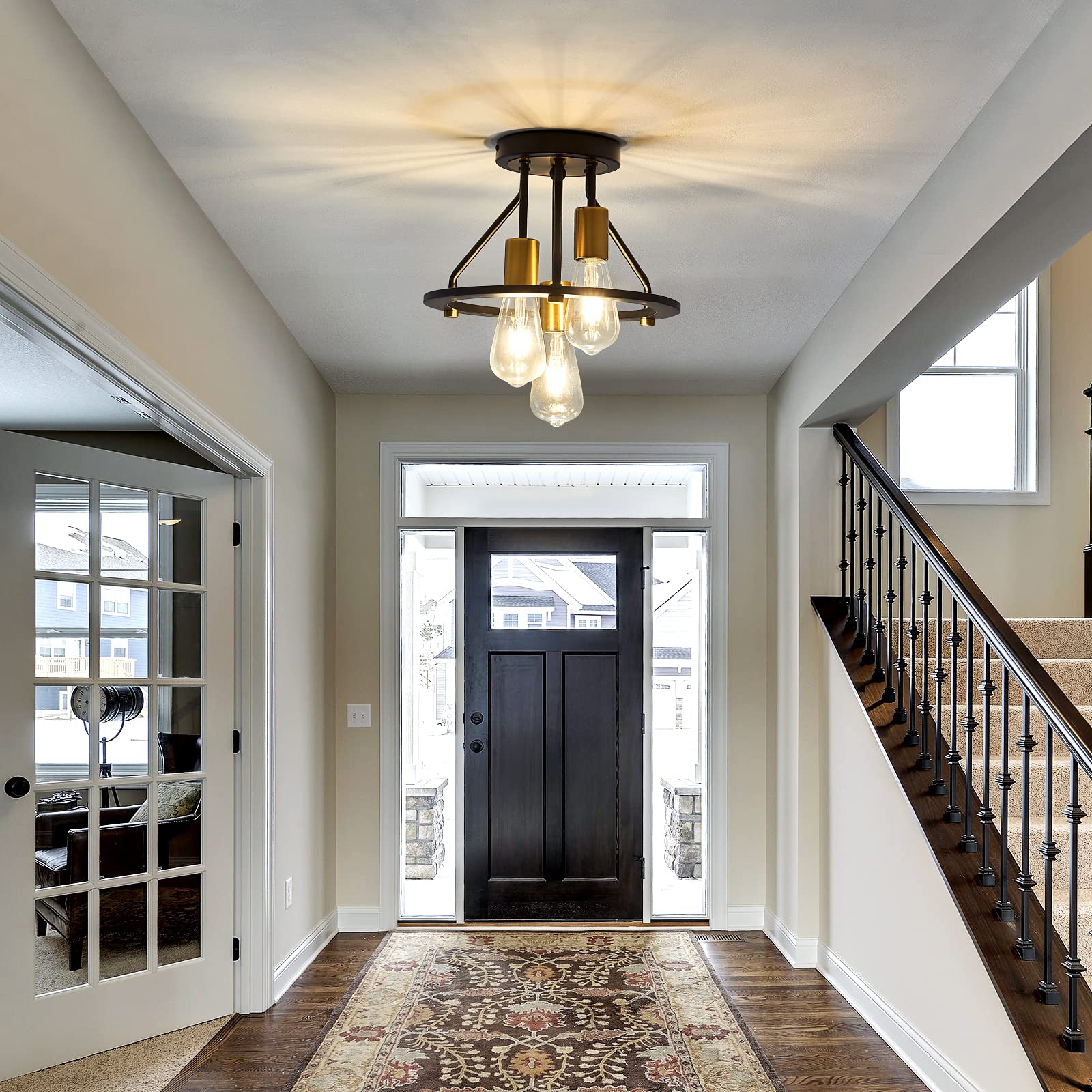 OQIZUEY Farmhouse Semi Flush Mount Ceiling Light Fixture 3-Light Black and Gold Metal Chandelier E26 Rustic Ceiling Lamp for Dining Room Kitchen Bedroom Entryway Hallway