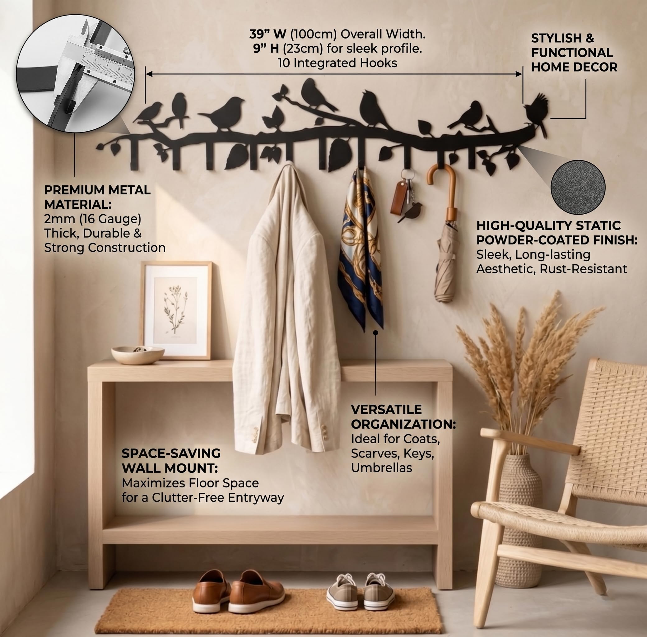 Dekadron Porte-manteau mural en métal sur le thème des oiseaux avec crochets pliants de 6 à 8 à 10 cm, support mural pour salle de bain, entrée, salon, chambre à coucher, crochets en métal, (100 x 21