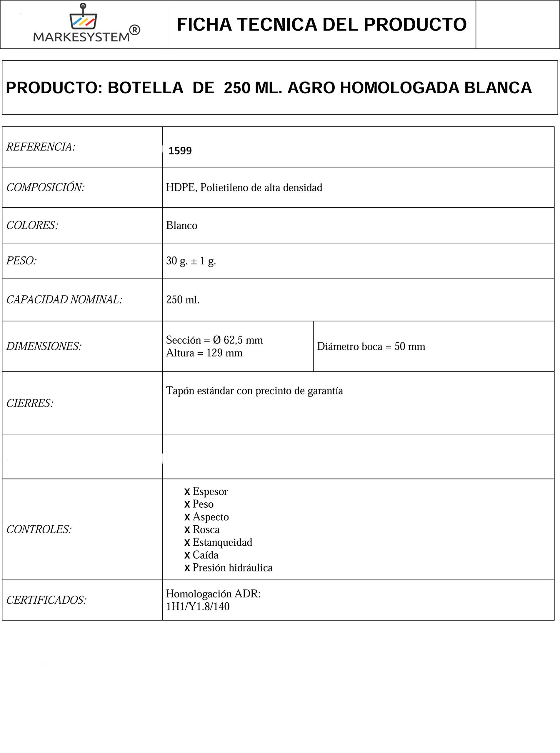 Botella blanca 250 ml (50 botellas) de plástico, cierre rosca boca ancha - Catering Industrial, Líquidos, Cosmética, Químicos, ADR + Kit Etiquetado, Apta para uso alimentario.