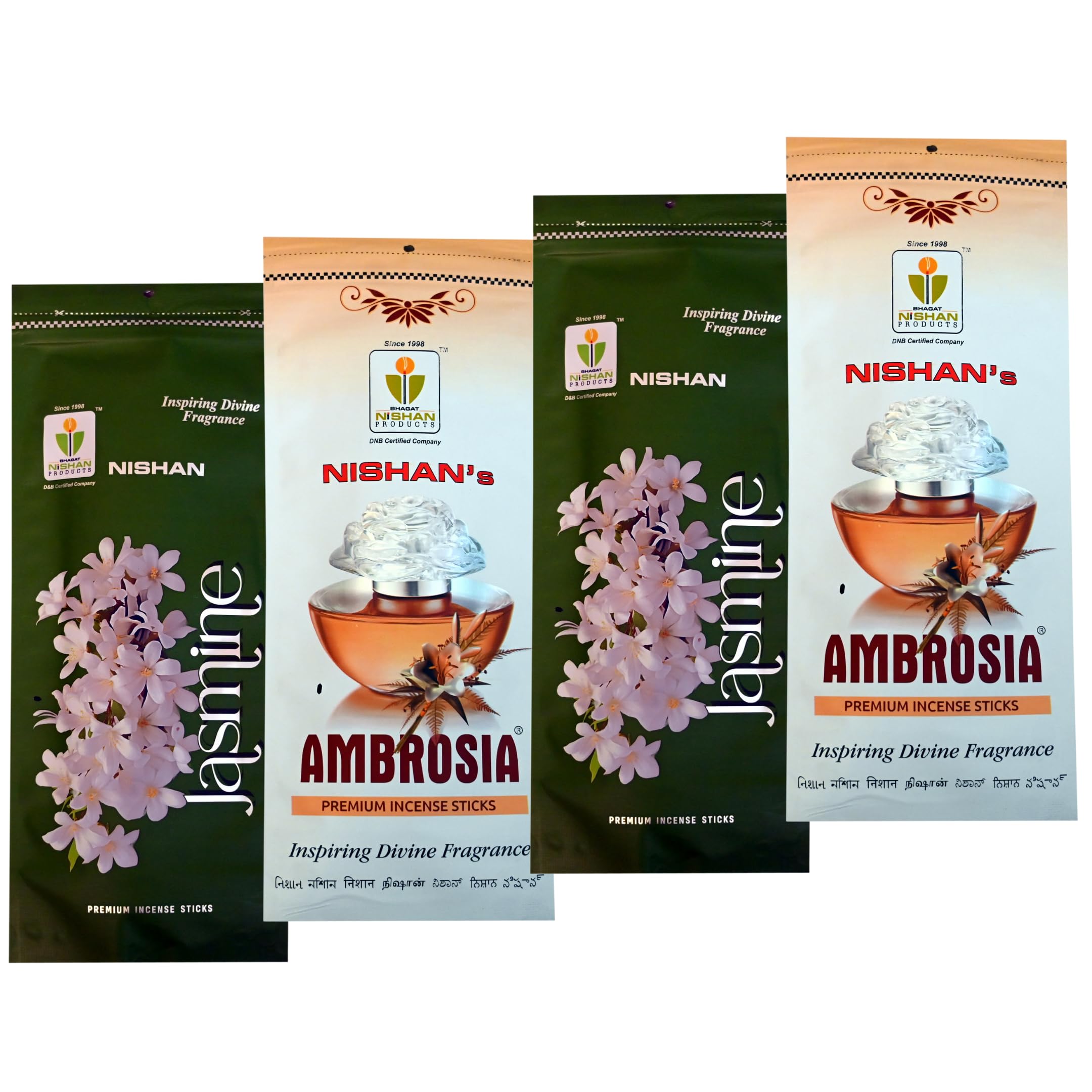 Nishan Premium Incense Sticks Combo – Fancy Collection | Long-Lasting & Soothing Fragrance for Home & Puja | Pack of 4 (120g Each) Agarbatti for Meditation & Relaxation (Ambrosia & Jasmine)