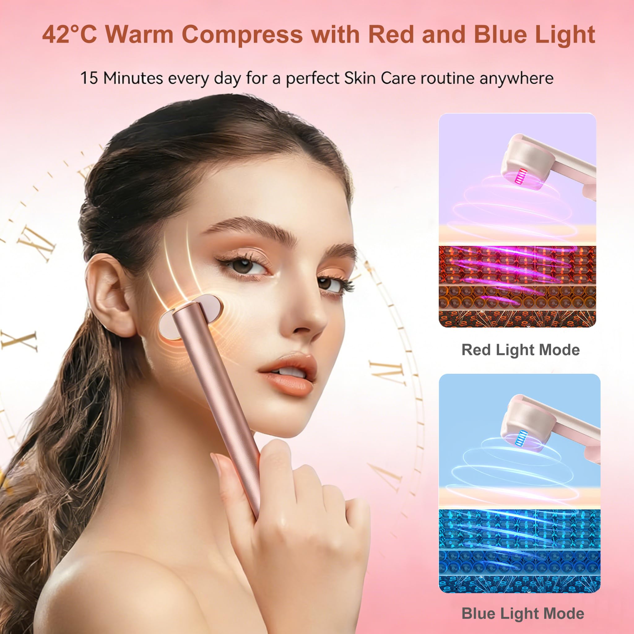 Appareil Anti Rides Soin Yeux, Massage Visage Apparei EMS 12000 Vibrations/Min avec Chauffage 42℃ Lumières Rouge & Bleue et Tête Rotative à 270° pour Raffermissant, Illumine le Teint