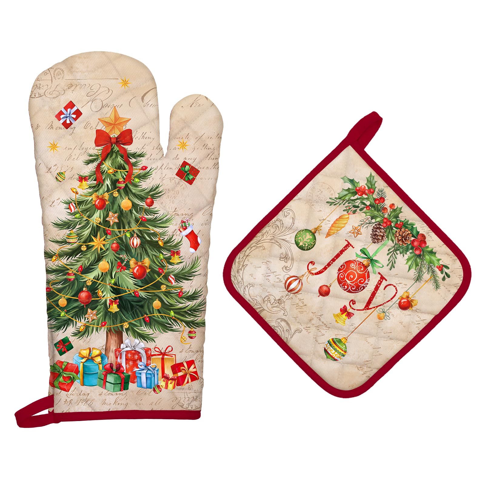 Arquiel Christmas Tree Oven Mitts and Pot Holders -100% Cotton, Heat Resistant Extra Long Oven Gloves & Hot Pads for Cooking BBQ Grilling Baking Gift, Set of 2 — image 1