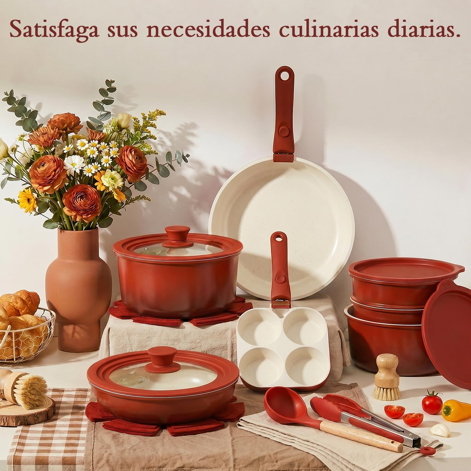GiPP Juego de Ollas y Sartenes Antiadherentes 21 Piezas, Cacerolas de Cocina Induccion Sin Toxicos, Mango Extraible, Apta para Todo Tipo de Cocinas y Horno, Degradado Rojo