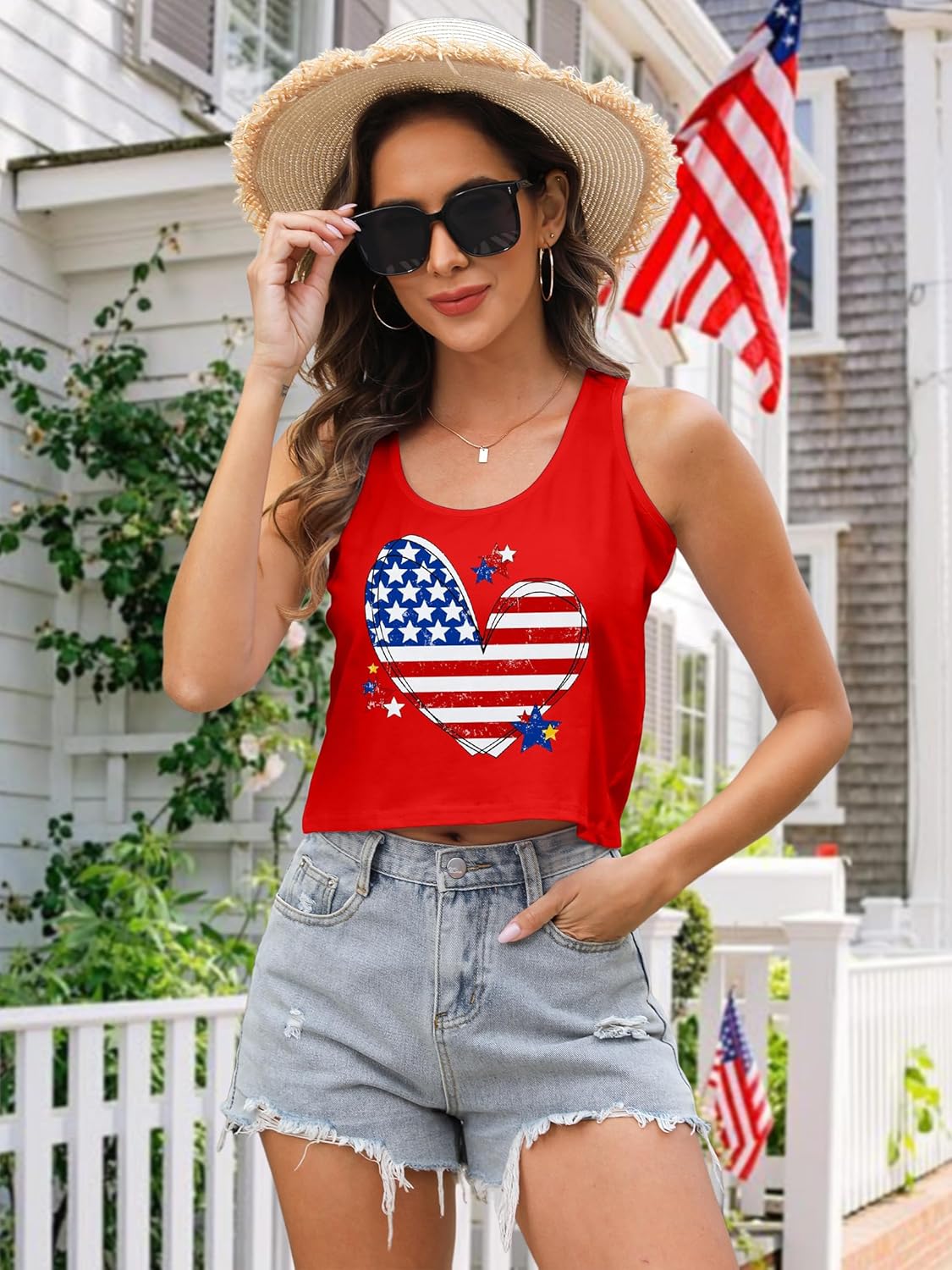 VVNTY American Flag Crop Tank Tops Women's Patriotic 4th of July Tee Girls Summer Sleeveless USA Shirts - Image 3