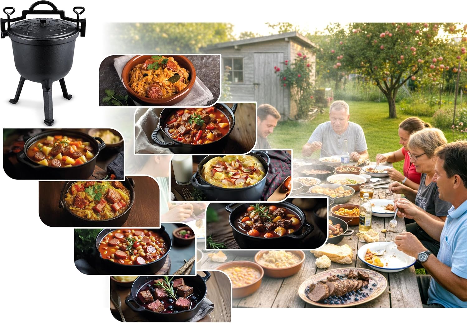 Berdsen Cast Iron Pot 8 L Dutch Oven - Enamelled Fire Pot for Campfire and Grill - Even Cooking without Sticking - with 3 Legs and Hanging Bracket - Includes Recipe Book - Black
