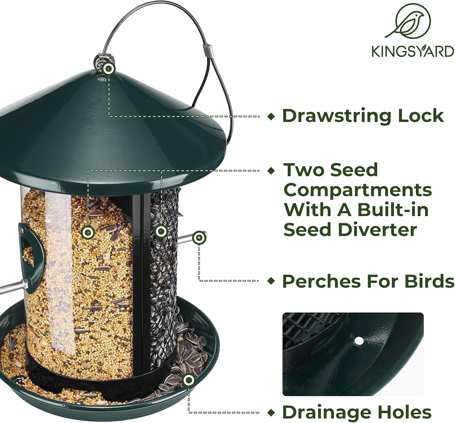 Kingsyard Metal Bird Feeder for Outdoor Hanging - Chew Proof Wild Bird Finch Cardinal Feeder with Dual Chamber of 4 lbs Capacity for Bluebird, Green