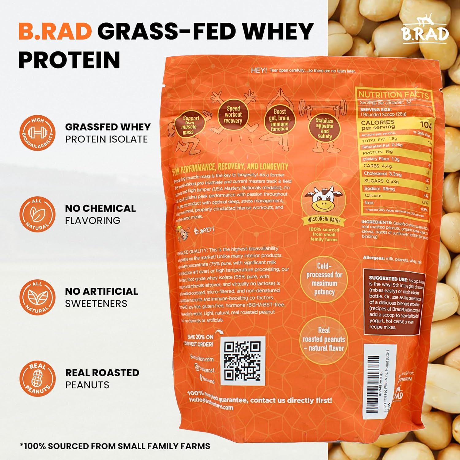 B.rad Grass Fed Whey Protein Isolate | Ultra-Pure, All-Natural, Clean Ingredients | 2 Pounds | 100% USA Sourced | Peanut Butter