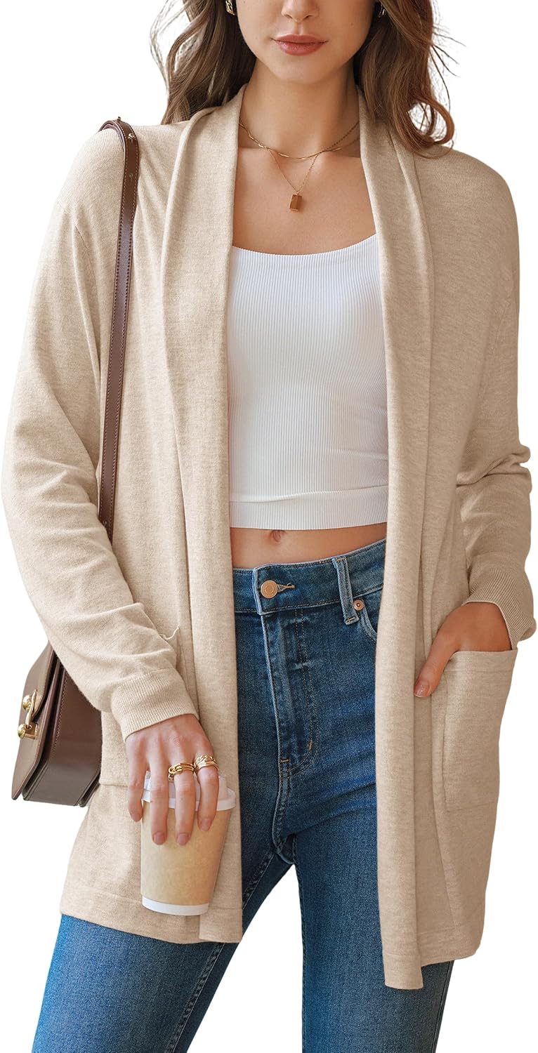 Arach&Cloz Women's Wool Blend Business Casual Lightweight Open Front Cardigan Sweaters with Pockets