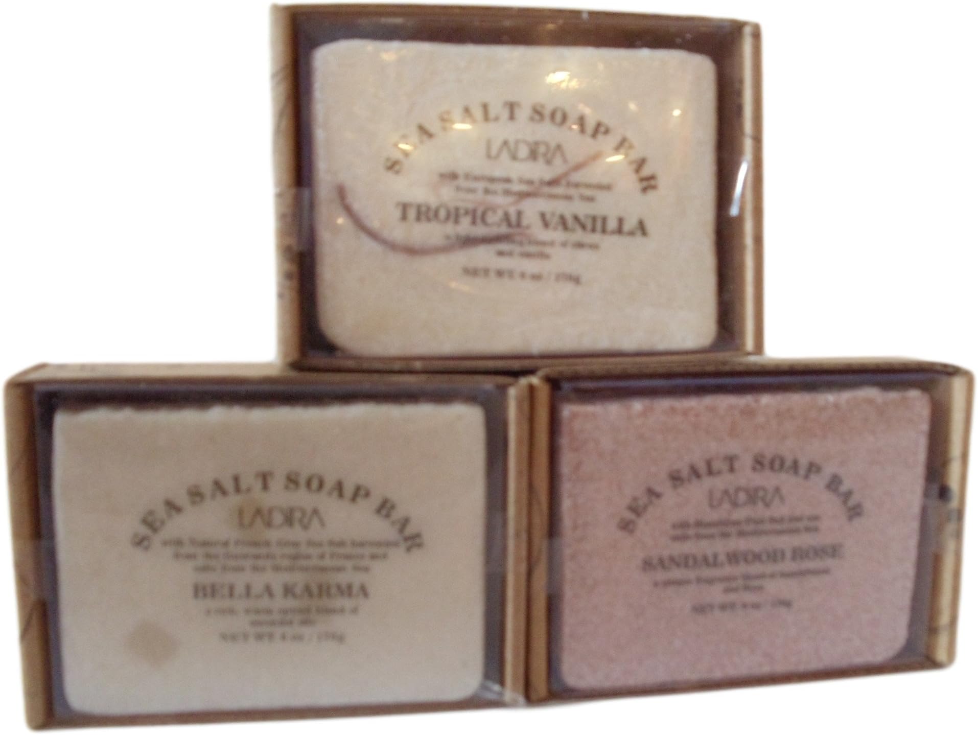 Ladira Vegan Sea Salt Soaps - Tropical Vanilla- Bella Karma-Sandalwood Rose 3 Pack Bundle