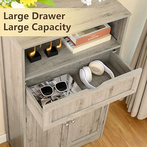 Miniatura 5 de Iwell Armario grande de suelo de baño, armario de almacenamiento con cajón grande y armario de esquina, gabinete de almacenamiento con puertos USB y