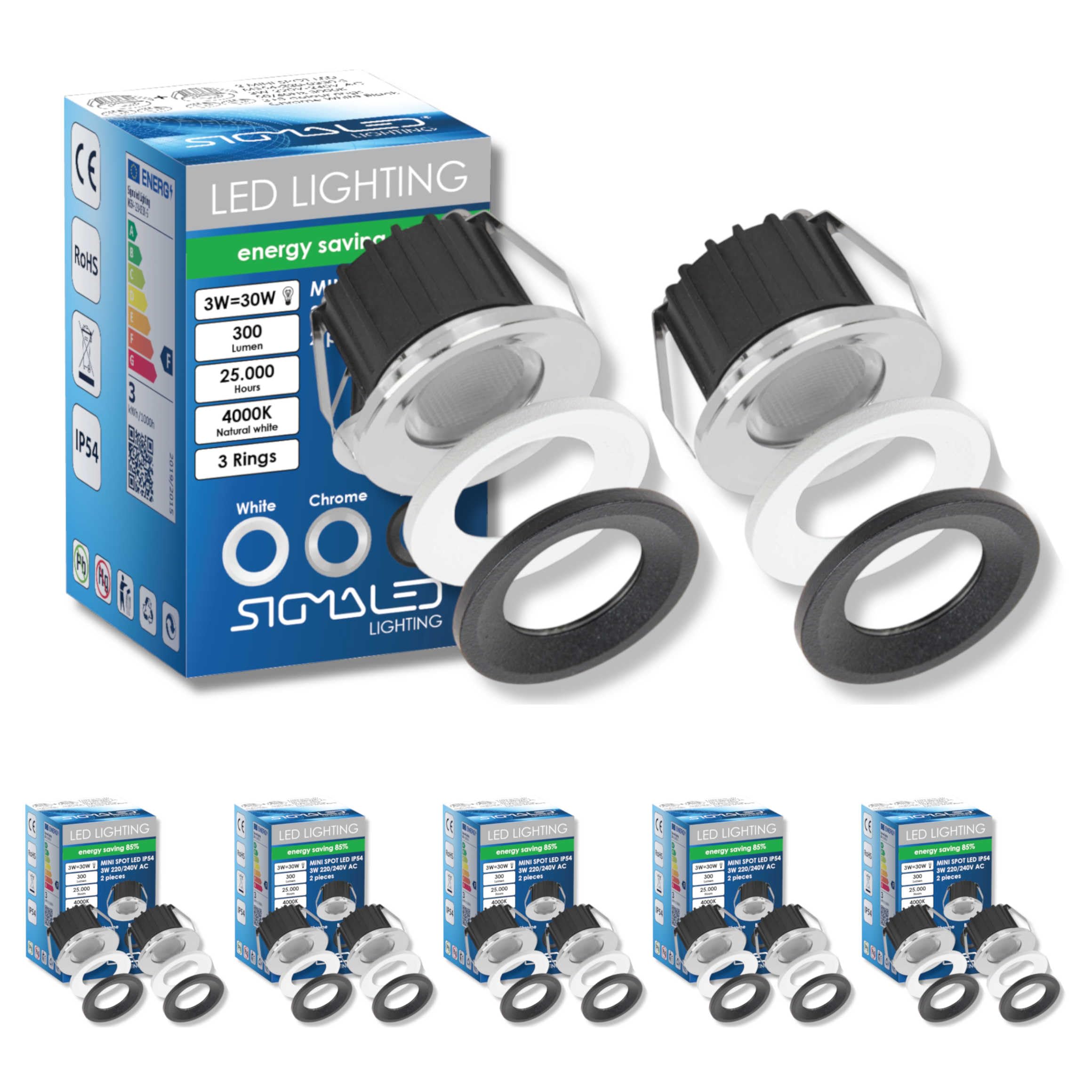 Sigmaled Lighting, 10 Mini Faretti a LED da Incasso 3W Dimmerabili per Esterno Interno IP54, LED SPOT Incasso Luce Naturale 4000K, 300 lm, Faretto 220V 230V, 3 Ghiere Bianca Cromata Nera (5 pack da 2)