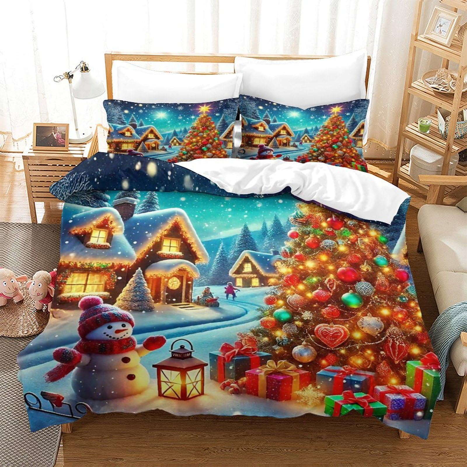 Parure de lit Noël 140x200 microfibre avec housse et taie d'oreiller