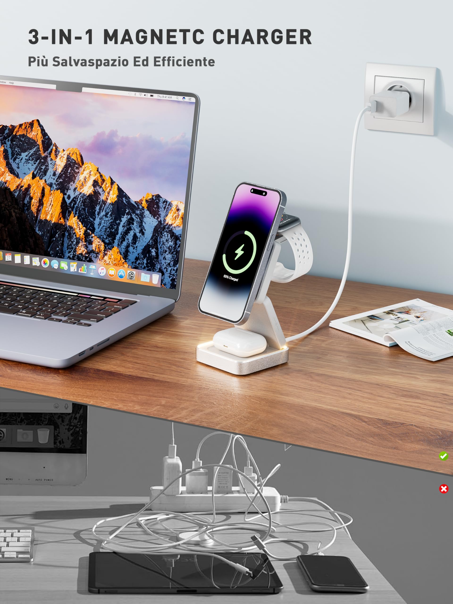 Tigratigro Caricatore Wireless 3 in 1 Pieghevole, Magsafe Stazione di Ricarica per iPhone Serie 16/15/14/13/12, iWatch 10/9/Ultra/8/7/6/5/4, AirPods 4/3/2/Pro (Argento)