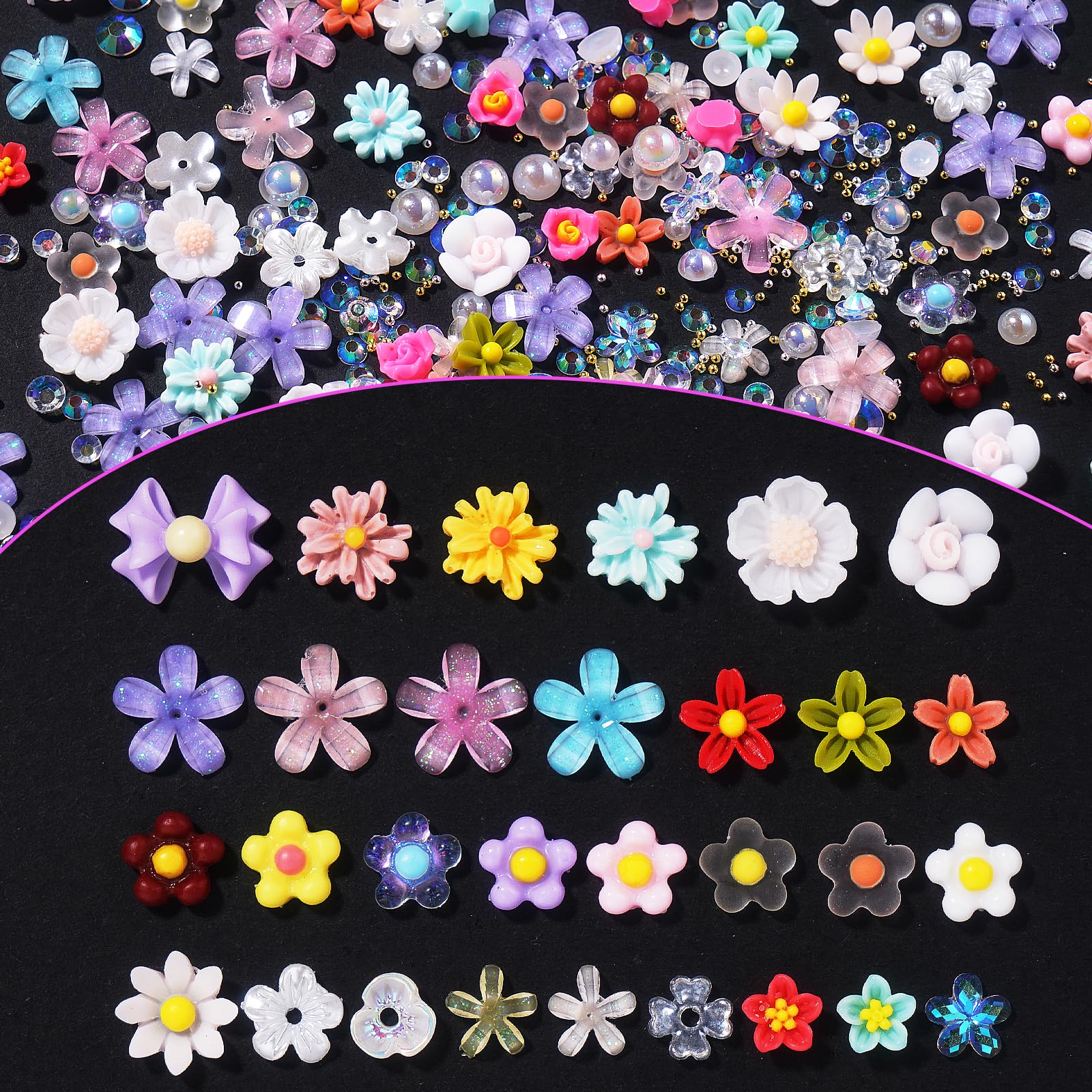 300 Pcs Flower 3D Nail Charms Color Variety Flower Cute Nail Charms Mixed Resin Rhinestones Pearl Gold Silver Balls for Manicure DIY Crafts Accessories
