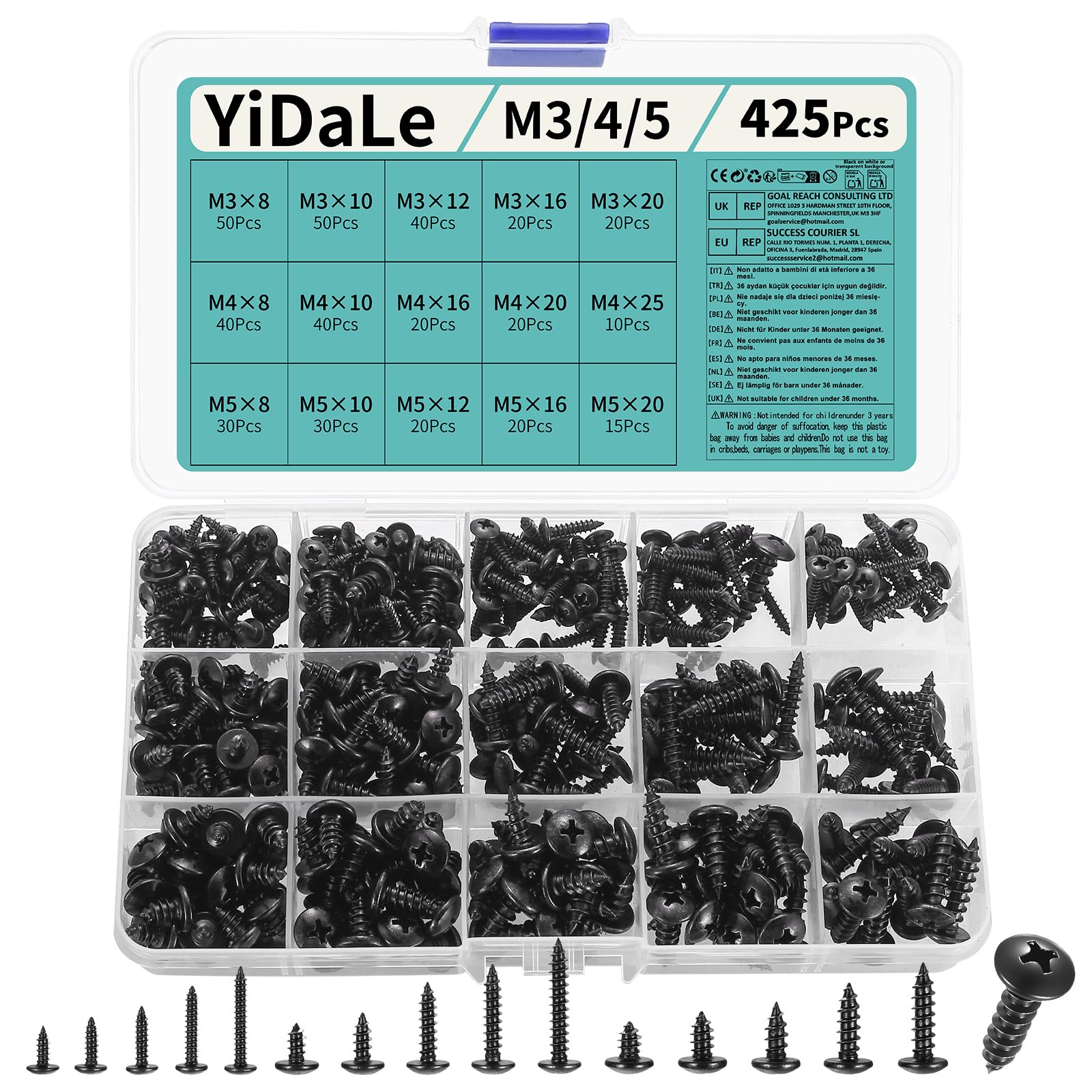425 Pcs Black Self Tapping Screws Metal, M3 M4 M5 Cross Round Head Screws, Pan Head Self-tapping Screw Set, Self Drilling Wood Screw Set Assortment for Metal Plastic Wood