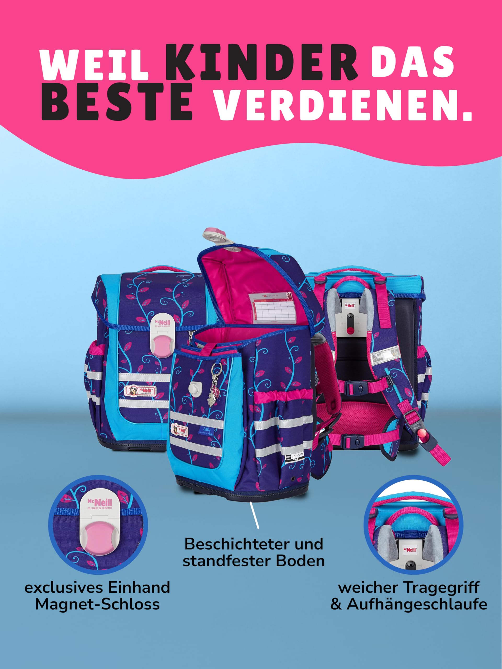 Familando - McNeill Ergo Complete Schulranzen Set - 10-teilig - Lilly Einhorn/Unicorn - Ergonomisch & 3-Fach verstellbar - 1150g leicht mit 20L Volumen & Reflektoren - Für Grundschule ab 1. Klasse