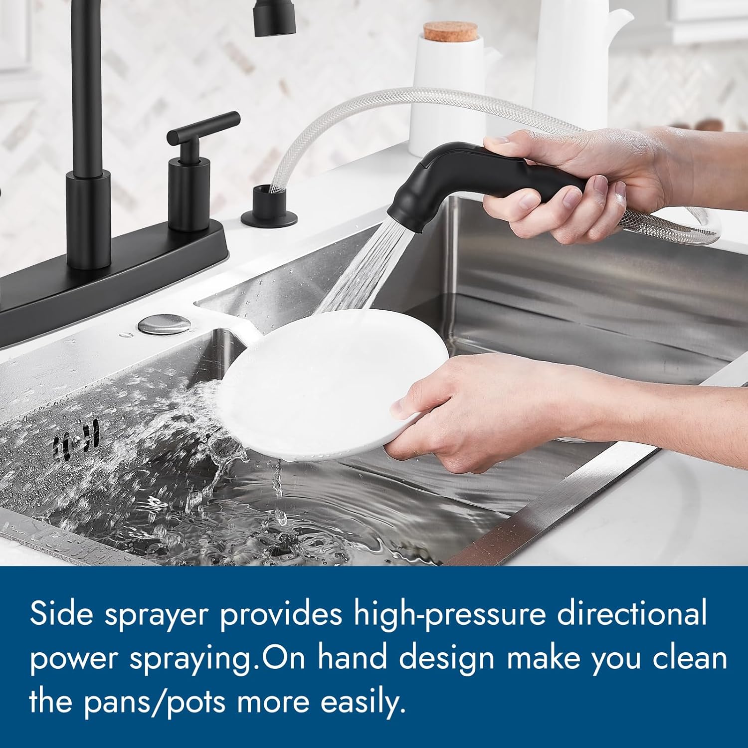 Kitchen Faucets, High Arc 360°Rotating Spout Kitchen Sink Faucet 2 Handle 8 Inch Centerset RV Kitchen Faucet with Supply Lines, 3 Hole Kitchen Faucet with Side Sprayer, Matte Black - Image 4