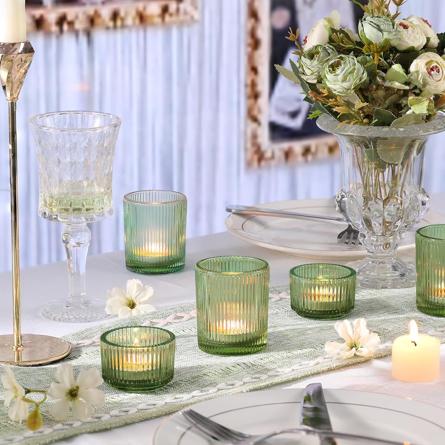 20pcs Ribbed Green Votive Candle Holders, Assorted Tea Light Candle Holder Glass for Wedding Table Decor, Green Candle Holders for Table Centerpieces, Brithday and Tea Party Decorations - Image 3