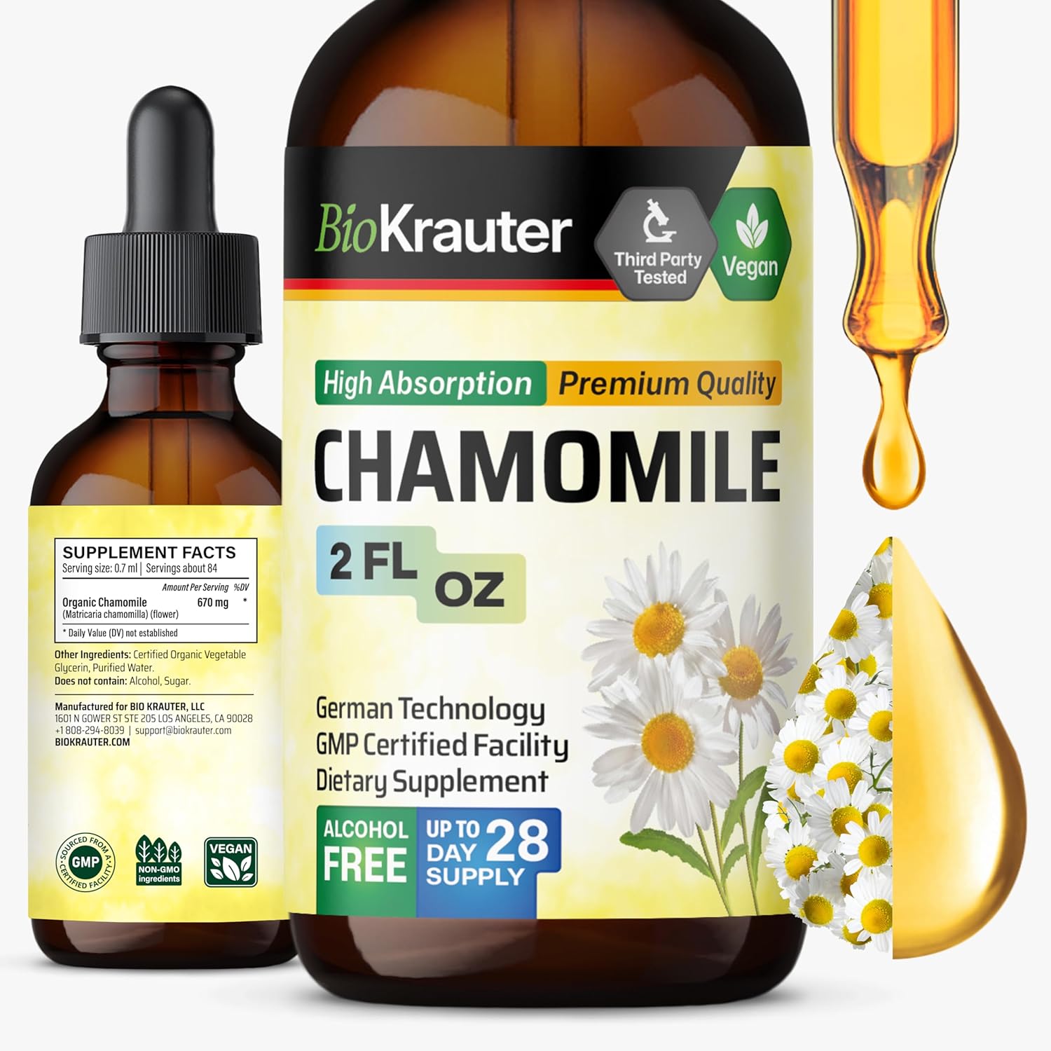 BIO KRAUTER® Chamomile Extract - Liquid Drops Pure Vegan Chamomile Supplement 670 mg per Serving 2 Fl.Oz 28-Day Supply - Used for Calm & Relax - Alcohol & Sugar Free - Natural Calm & Sleep Support