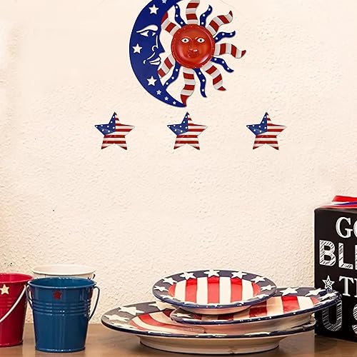 Miniatura 4 de Decoración de pared de sol, 4 piezas de decoración grande de sol, luna, estrella, escultura de pared, bandera estadounidense, decoración para colgar