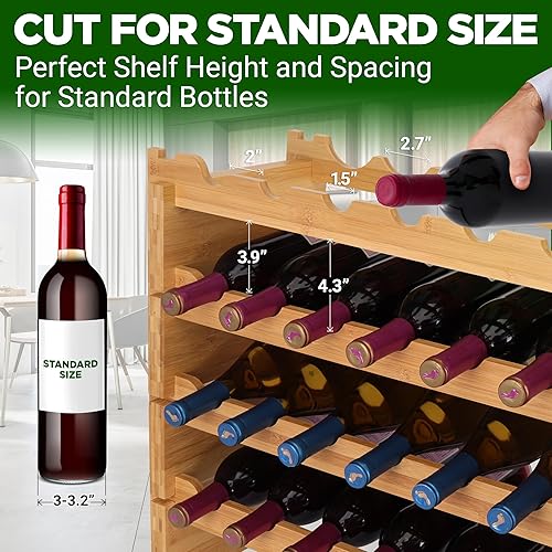 Miniatura 3 de SereneLife Estante de vino apilable de bambú, capacidad de 108 botellas de 12 niveles, suelo de pie, sin herramientas, estante modular de