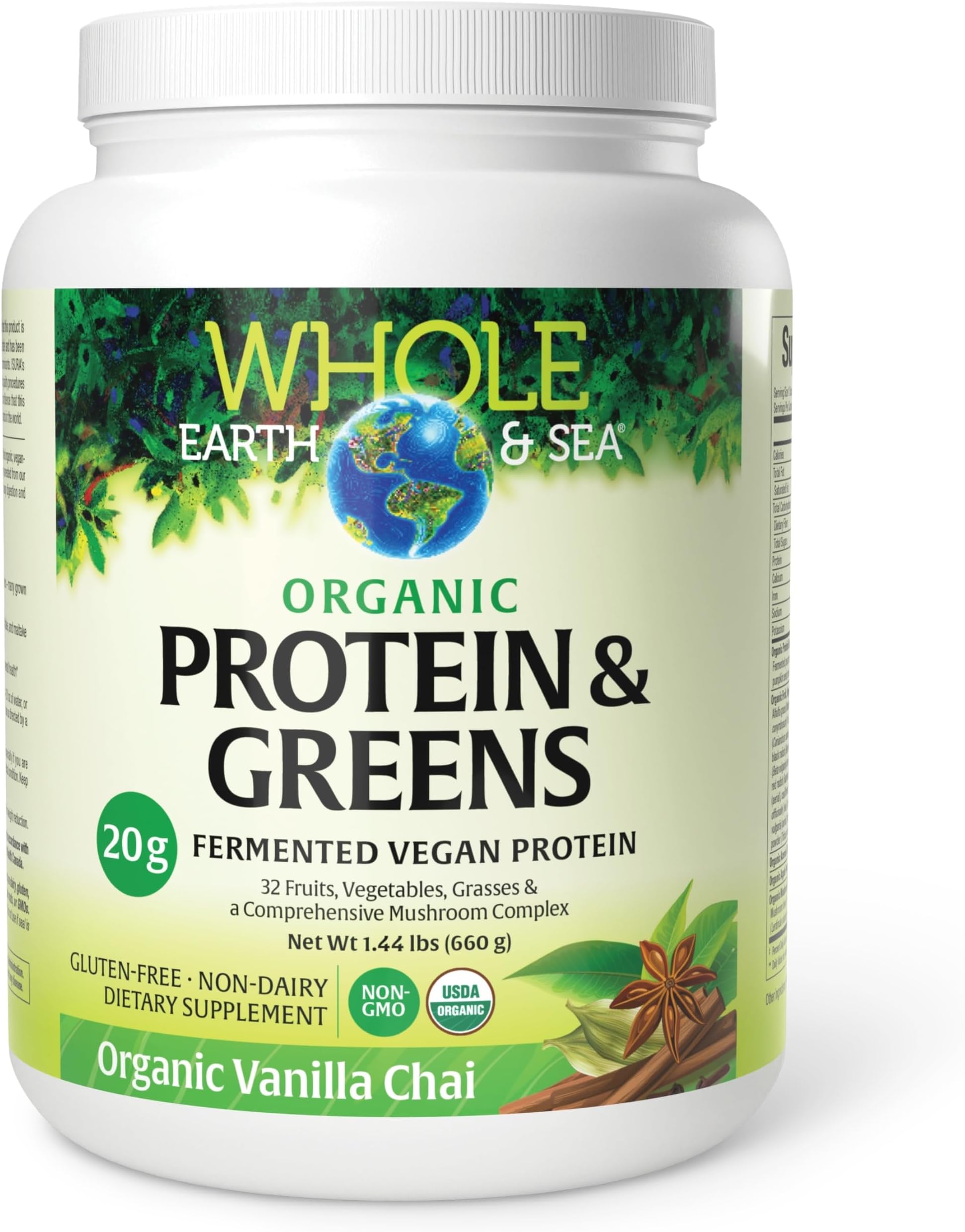 Whole Earth & Sea from Natural Factors, Organic Fermented Protein & Greens, Vegan Whole Food Supplement, Vanilla Chai, 1 lb 7 Oz