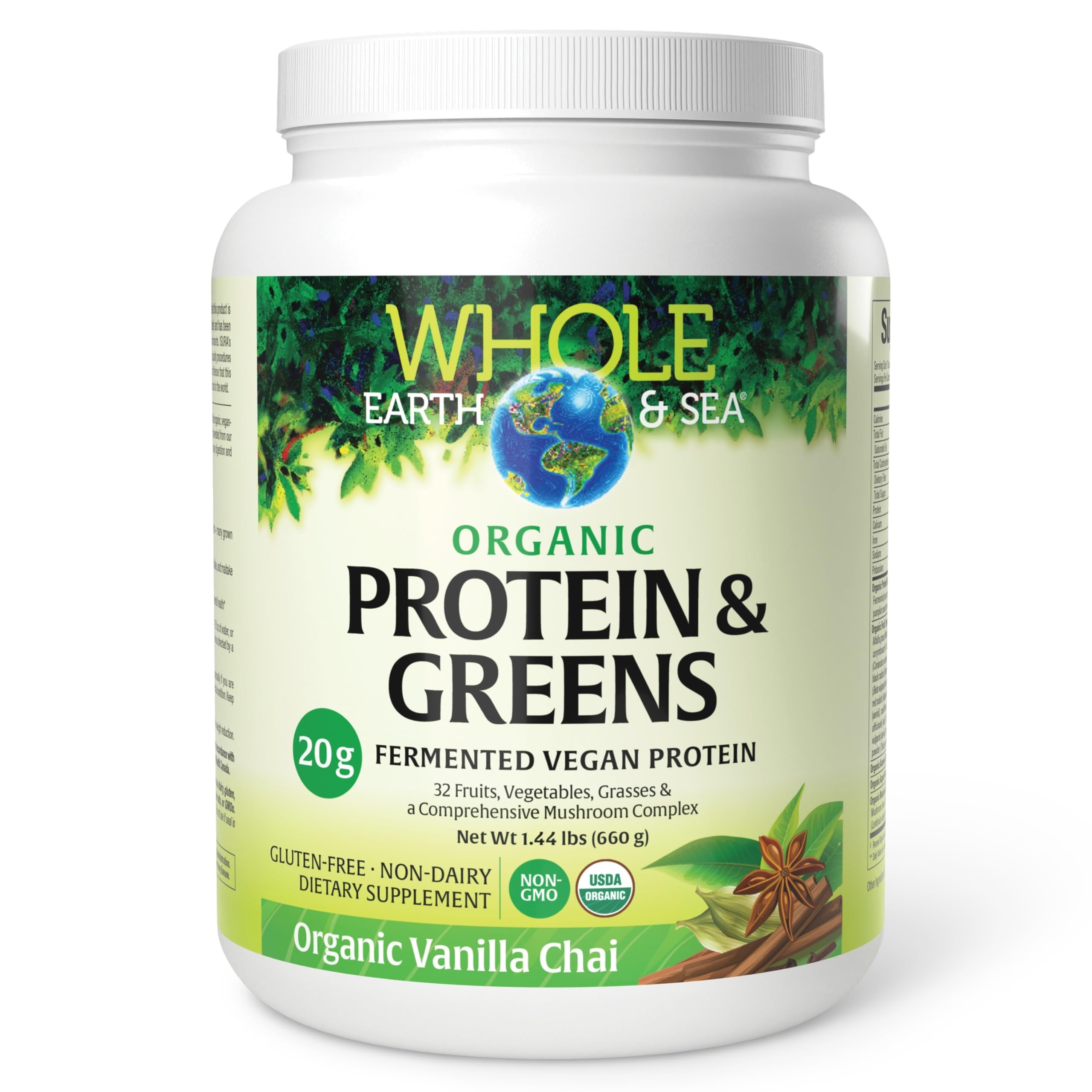 Whole Earth & Sea from Natural Factors, Organic Fermented Protein & Greens, Vegan Whole Food Supplement, Vanilla Chai, 1 lb 7 Oz