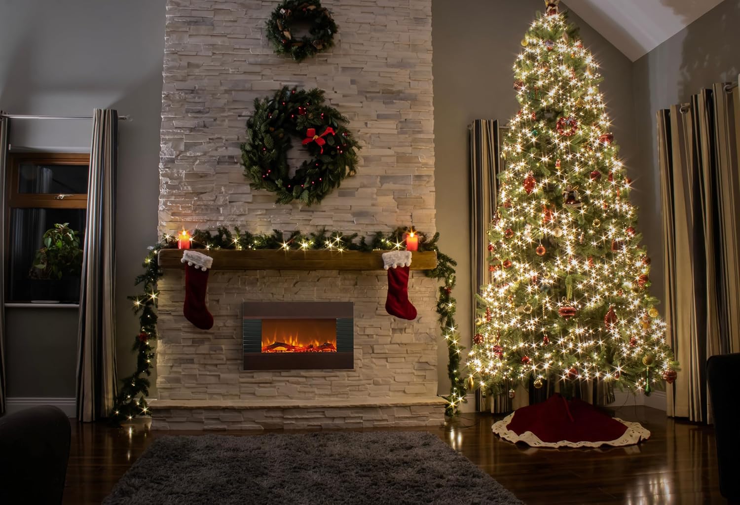 Mahogany and Black Electric Wall Mounted Fireplace with Mantel