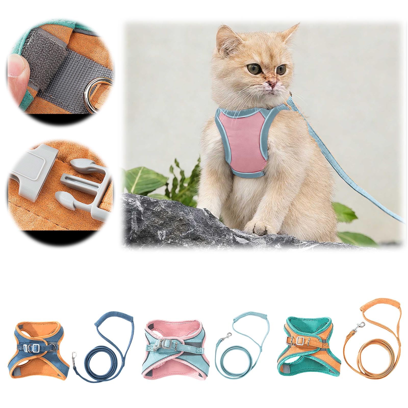 Ensemble harnais et laisse anti-fugue pour chat, harnais en maille douce et respirante, harnais réglable pour la promenade, harnais d'extérieur facile à porter pour chats de petite et moyenne taille