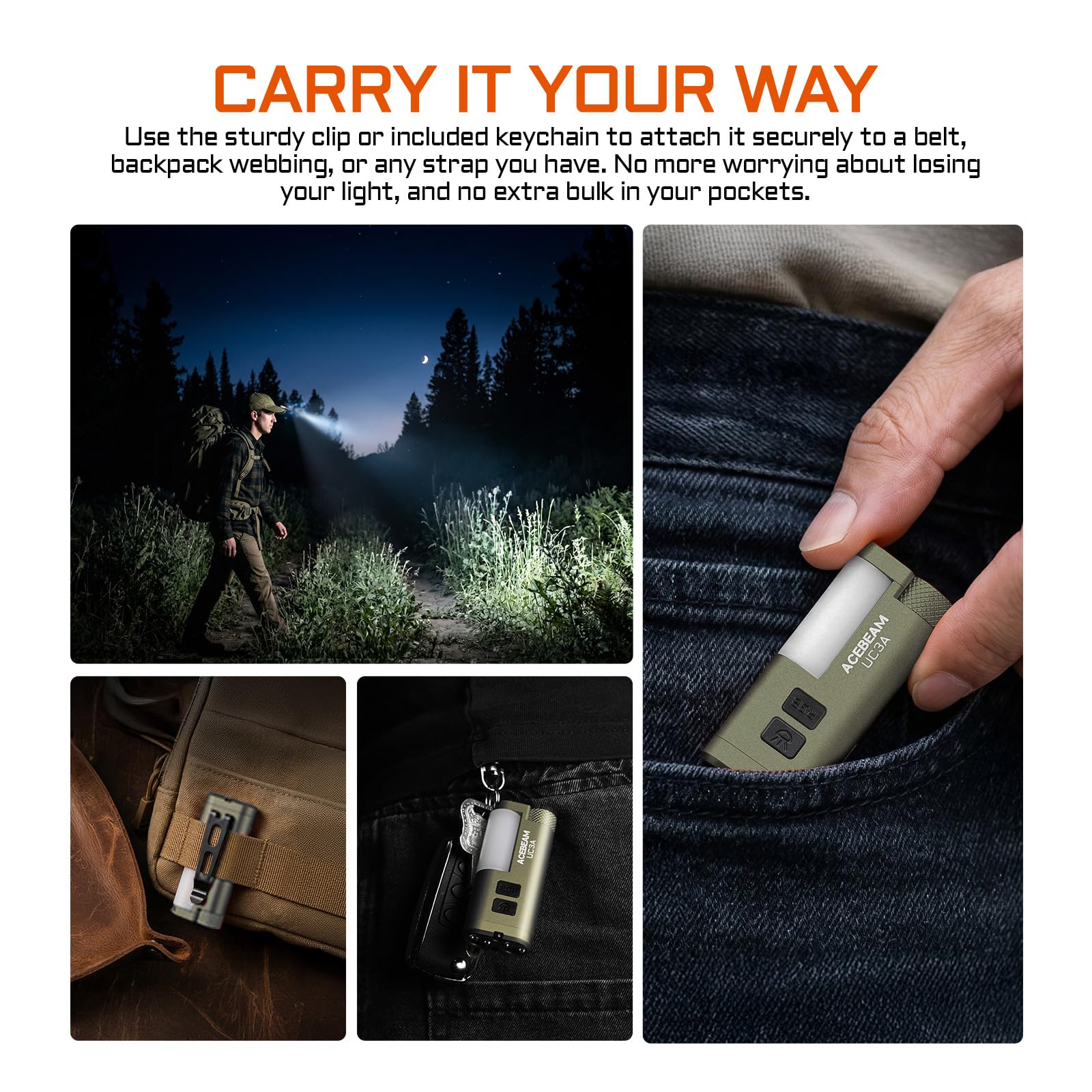 ACEBEAM UC3A Torcia Ricaricabile EDC AAA, 900 Lumen, Mini Torcia a Sorgenti Multiple con Camping e 9 Luci RGB, Piccola Torcia LED Piatta da Tasca con Magnetico, Torcia LED per Domestiche, Verde