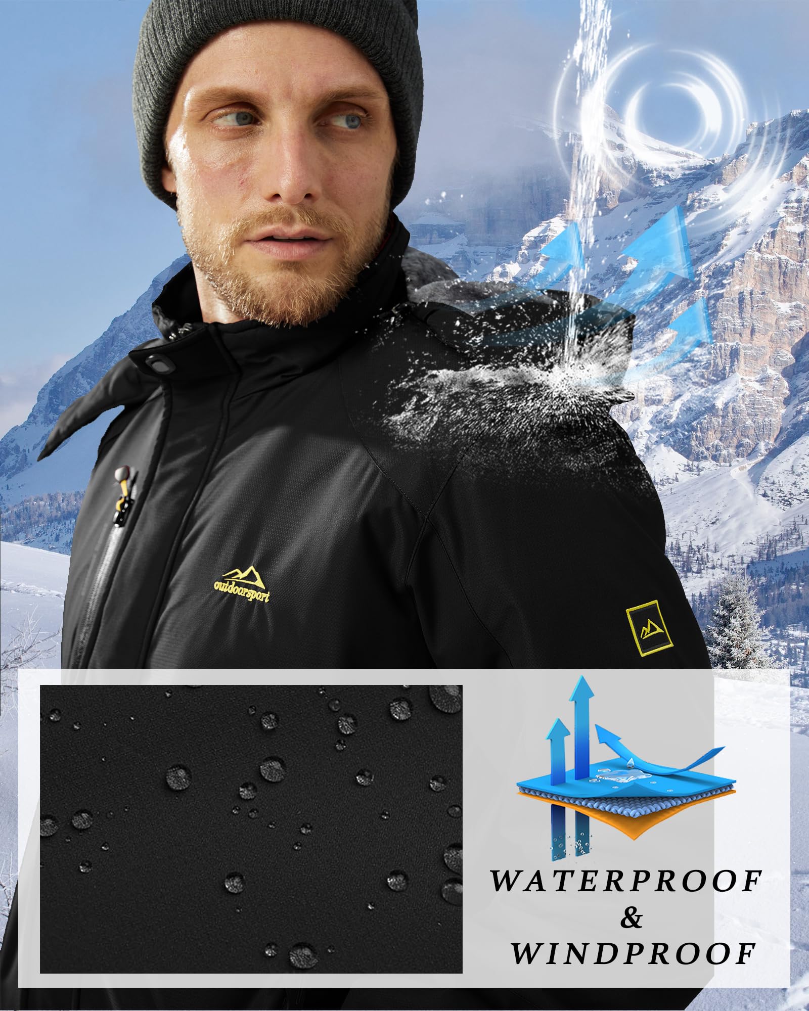 KEFITEVD Winterjacke Herren Skijacke Wasserdicht Warm Gefüttert Outdoorjacke mit Abnehmbarer Kapuze