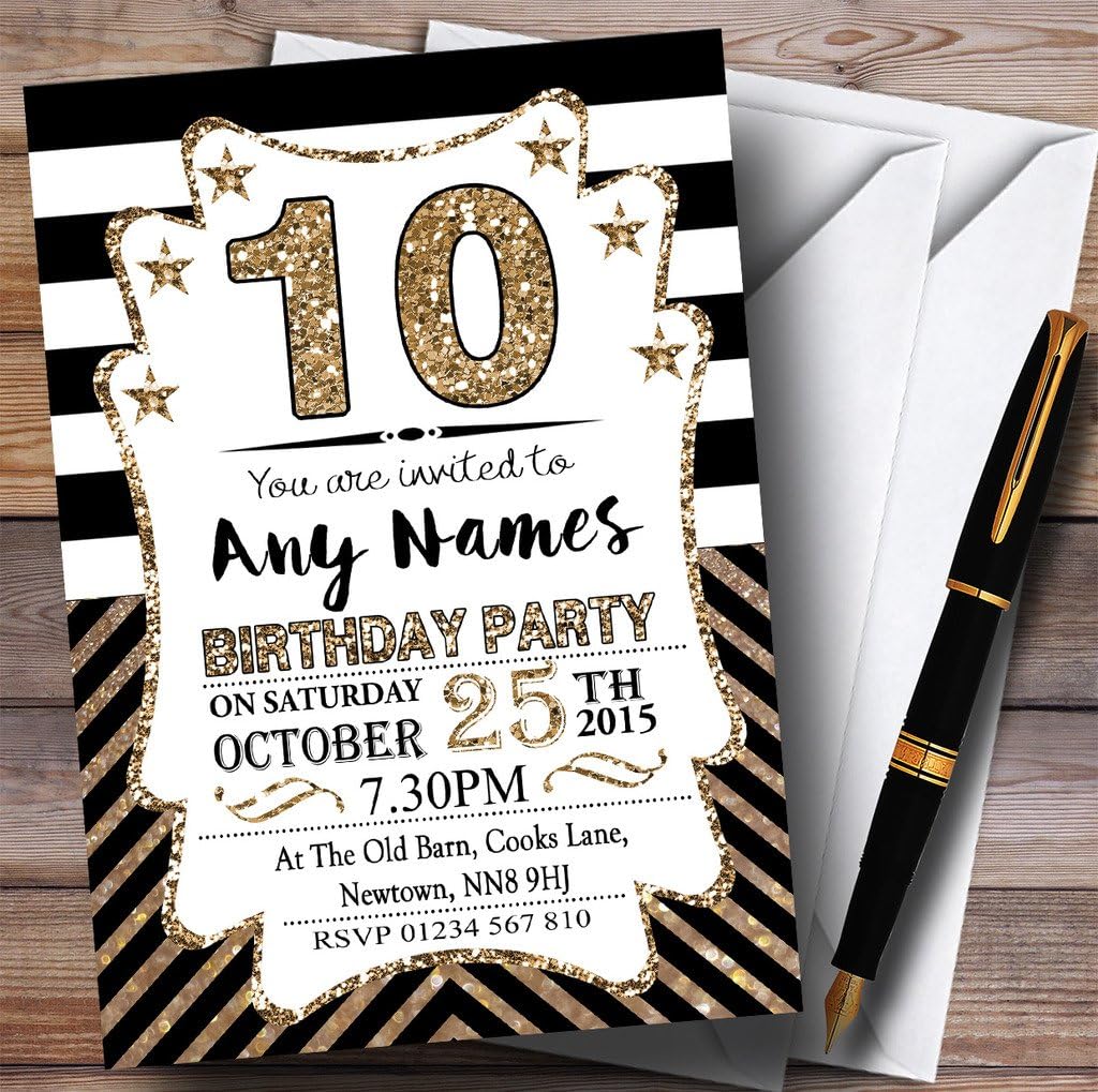 Black & White Bronze Chevrons 10th Personalized Birthday Party Invitations