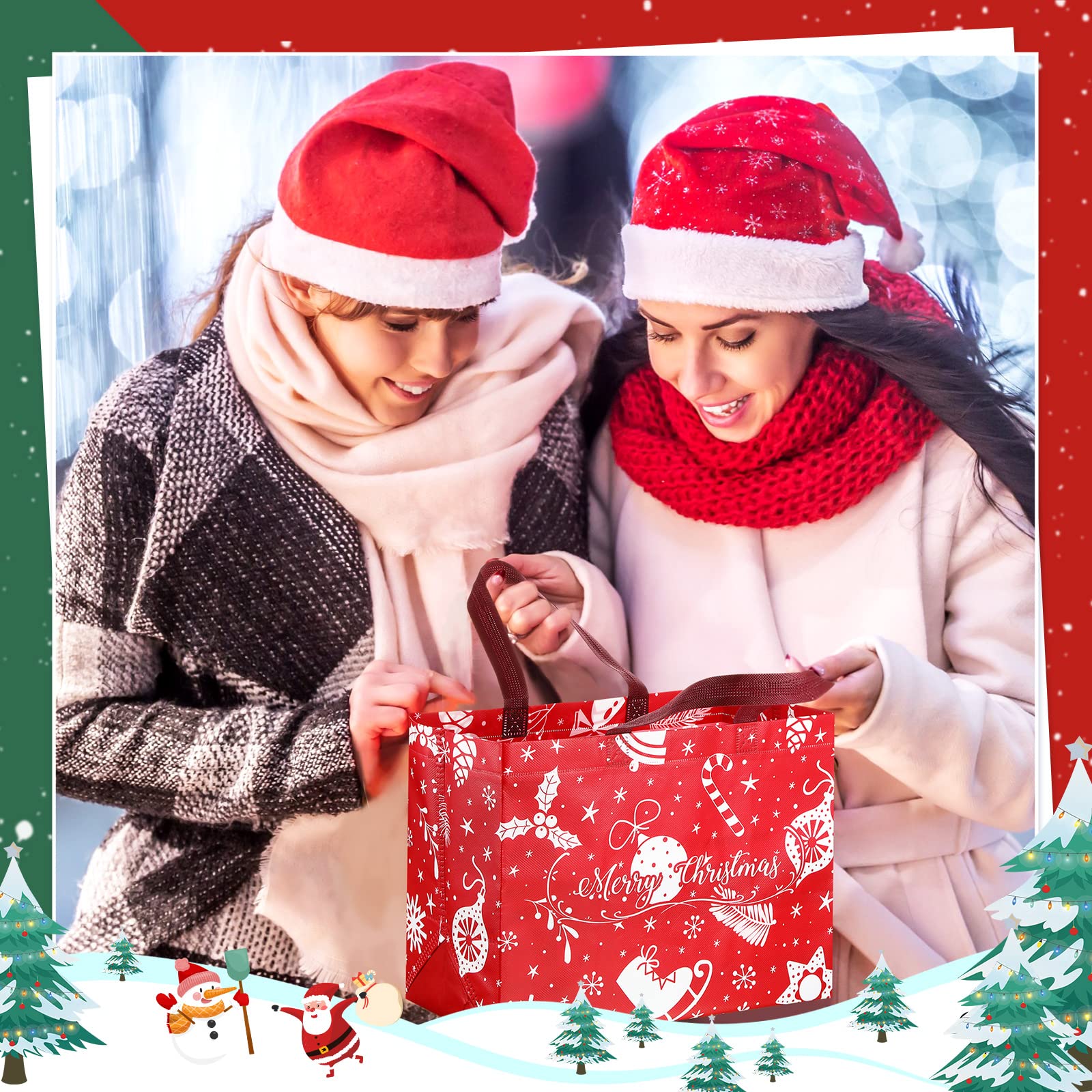 Xuniea Lot de 48 sacs fourre-tout de Noël avec poignées, sacs cadeaux de Noël multifonctionnels, non tissés, étanches, pour les fêtes de Noël, 32 x 25 x 17 cm, 30 x 25 x 11 cm