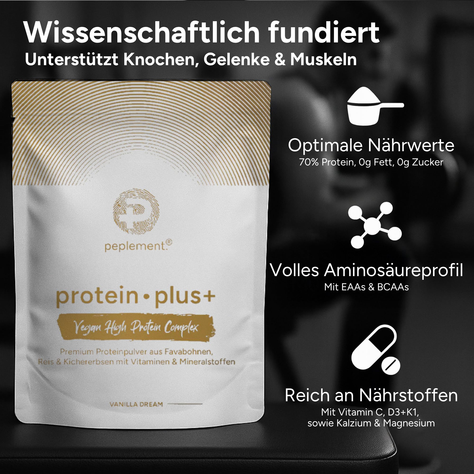 Premium Vegan High Protein Pulver Vanille — 560g Pflanzliches Eiweiss Protein Pulver — 70% Proteine — Enthält Erbsenprotein, ideal für Muskelaufbau und vegane Ernährung