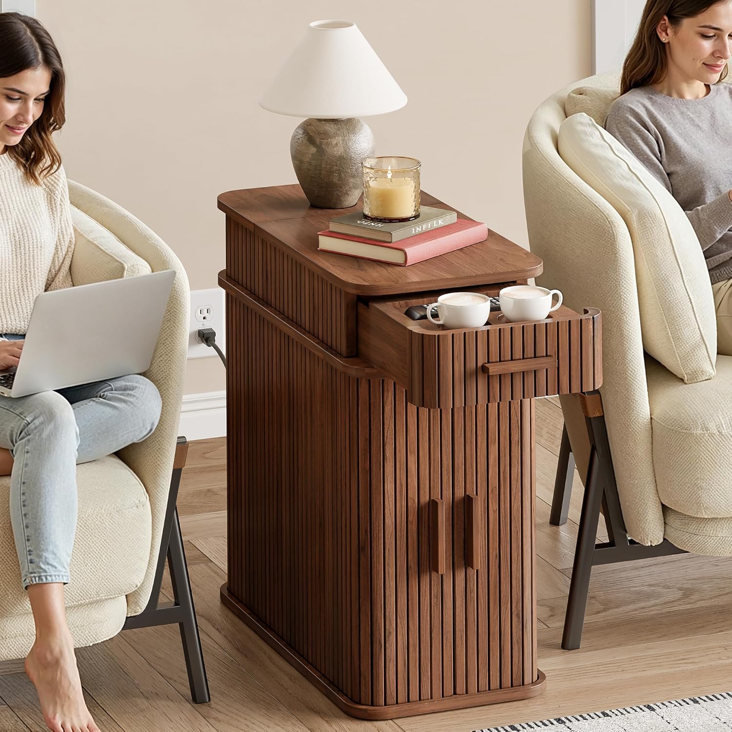ONBRILL Fluted End Table with Charging Station, Narrow Side Table with Drawers, Wood Skinny Nightstand with Storage, Mid-Century Modern Bedside Tables for Small Space Living Room Bedroom Sofa Couch
