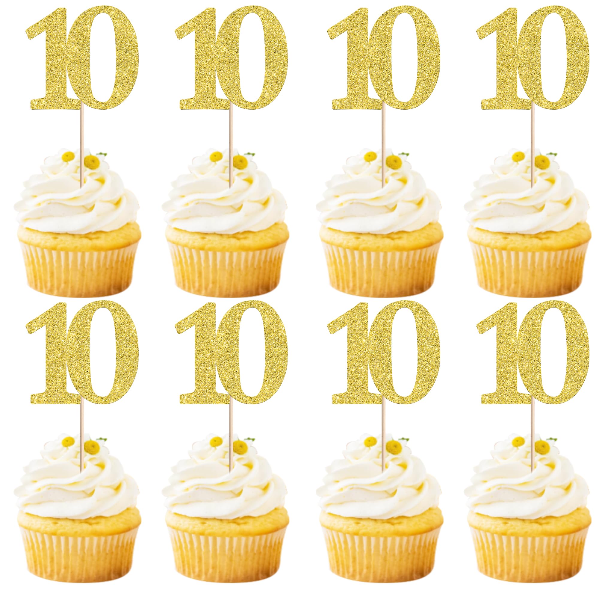 Xsstarmi 36 Pack Number 10 Cupcake Toppers Gold Glitter Cheers to 10 Years Birthday Cupcake Picks Decoration for Happy 10th Birthday Wedding Anniversary Party Cake Decorations