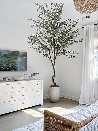 Vista 10 de Phimos Árbol de olivo artificial alto falso en maceta con maceta, grandes ramas de olivo sintético y frutas, árbol artificial para decoración
