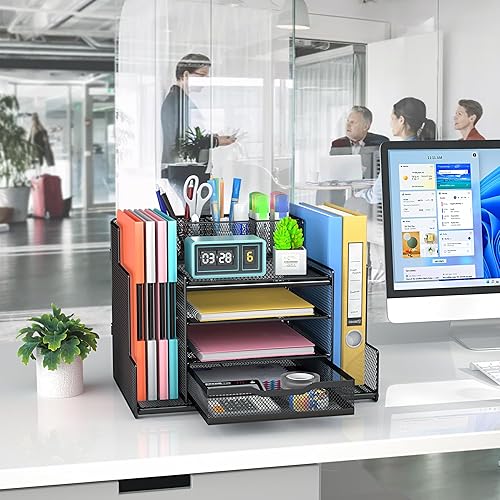 Miniatura 5 de Egepon Organizador de escritorio de oficina con soportes verticales para carpetas de archivos, bandeja de papel de 4 niveles con cajón y soporte