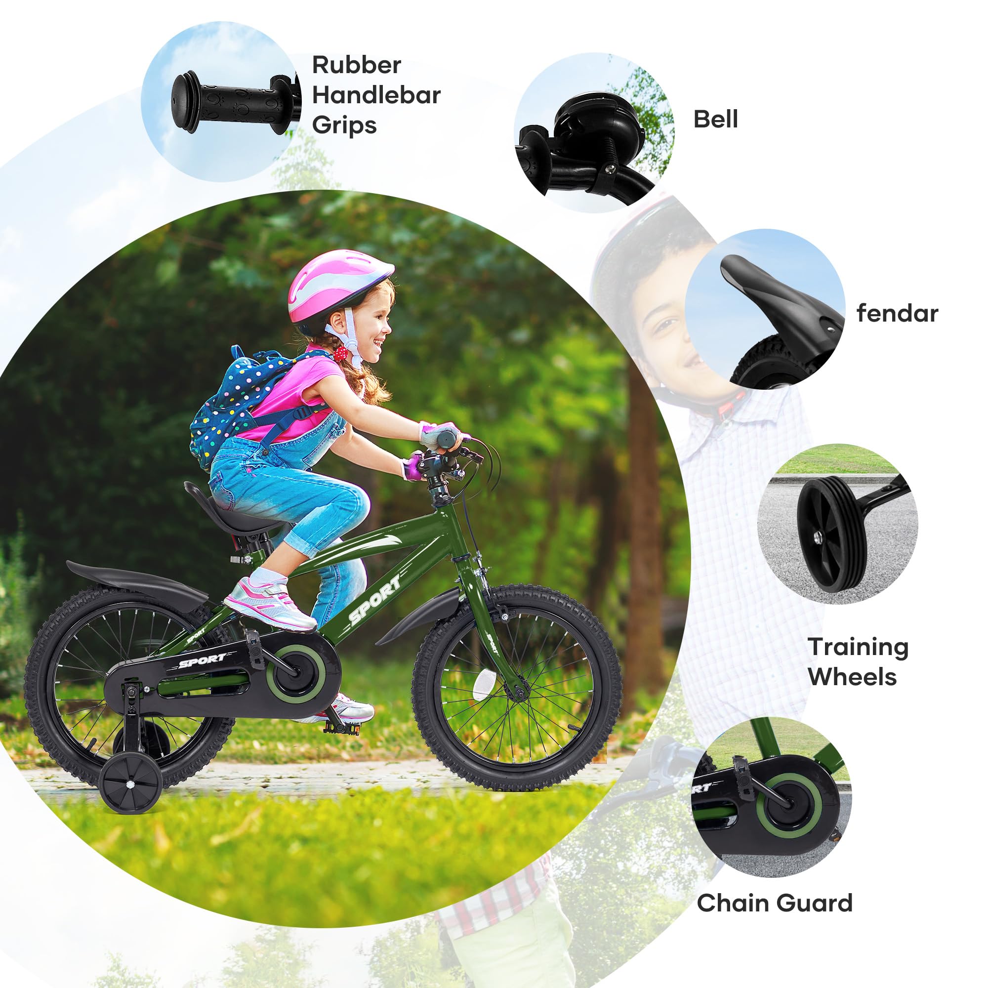 BODIOO Bicicletta per bambini 14 pollici, bicicletta per ragazzi e ragazze con ruote di supporto, telaio stabile, sedile regolabile, freno a mano e freno a contropedale, adatta per conducenti da 94 a