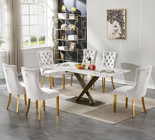 Miniatura 33 de Juego de mesa de comedor de mármol blanco para 6, 70 pulgadas, mesa de comedor de mármol blanco con 6 sillas de terciopelo beige y base de acero al