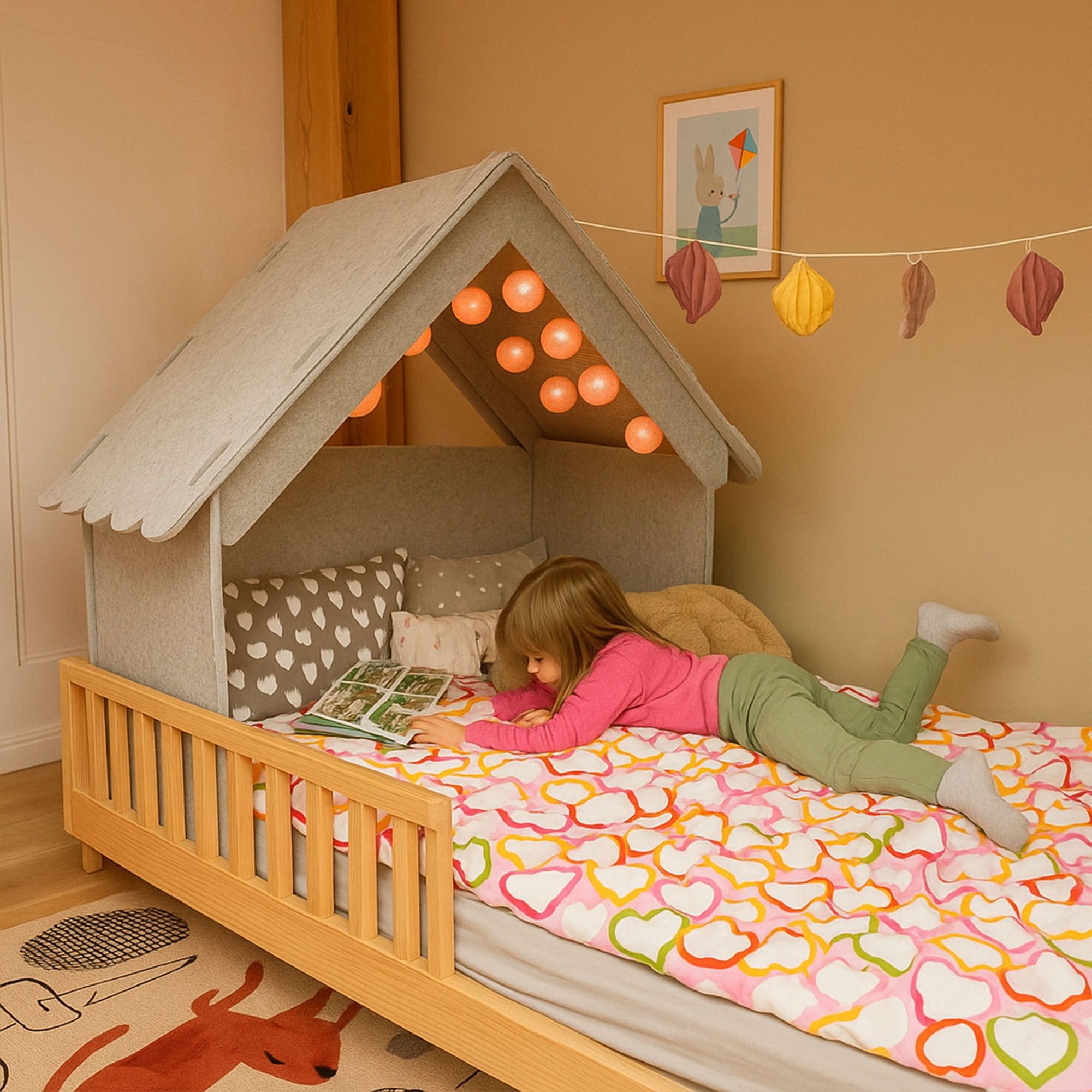 SILUK Filz Hausbaldachin für 90 cm Kinderbett – Stabiler Bettaufsatz mit Rausfallschutz, Spielhaus & Kuschelecke für Zuhause und Garten, Grau Made EU!