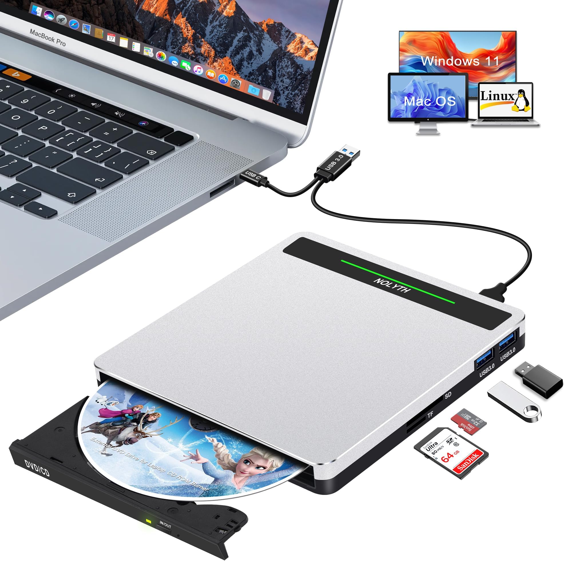 NOLYTH External CD Drive for Laptop: Portable USB3.0 DVD ROM Burner - Optical USB C CD/DVD Player with SD/TF/2 USB Ports Compatible with Apple Mac Linux Windows 11/10/8/7 PC
