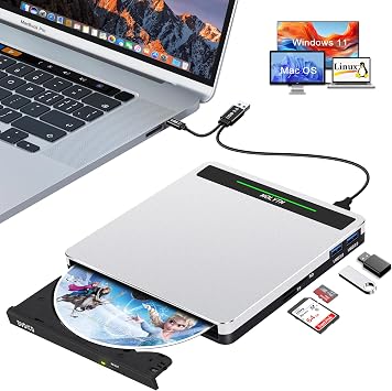 External CD Drive for Laptop Portable USB3.0 USB C DVD ROM Burner - Optical CD/DVD Player with SD/TF/2 USB Ports Compatible with Apple Mac Linux Windows 11/10/8/7