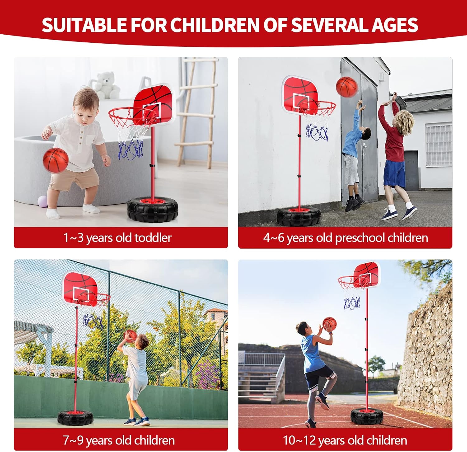 UKBOO Basketball Hoop for Kids, 11.8 in Oversized Basket Hoop Tire Base Basket Ball Goal with 3 Basketballs Adjustable Height 2.4 -5.8 Ft Portable Indoor Outdoor for Toddler/Kid/Chirld Ages 3-12 : Toys & Games