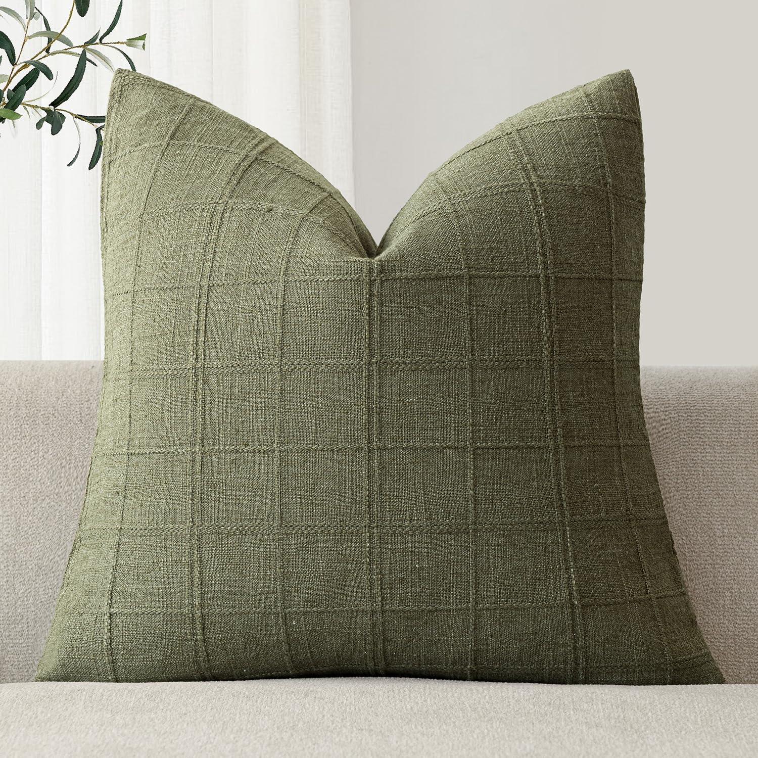 Foindtower Set of 1 Decorative Linen Check Throw Pillow Cover Neutral Farmhouse Vintage Cushion Cover Modern Boho Home Decor for Sofa Chair Couch Bedroom Living Room,20×20 Inch,Sage Green