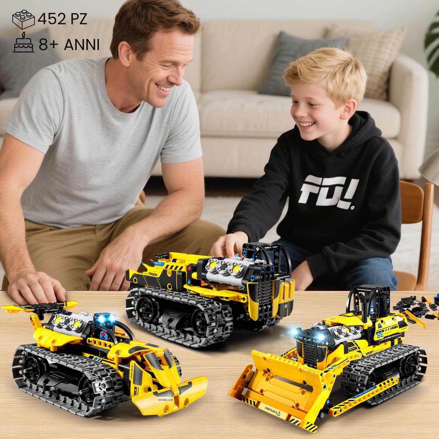PLAXSOON Tecnica Veicolo da Costruzione Telecomandato Giocattolo da Costruzione con Batteria Ricaricabile, 3-in-1 RC STEM Technic Bulldozer Auto Ribaltabile Mattoncini 452 Pezzi, Regalo per Bambini