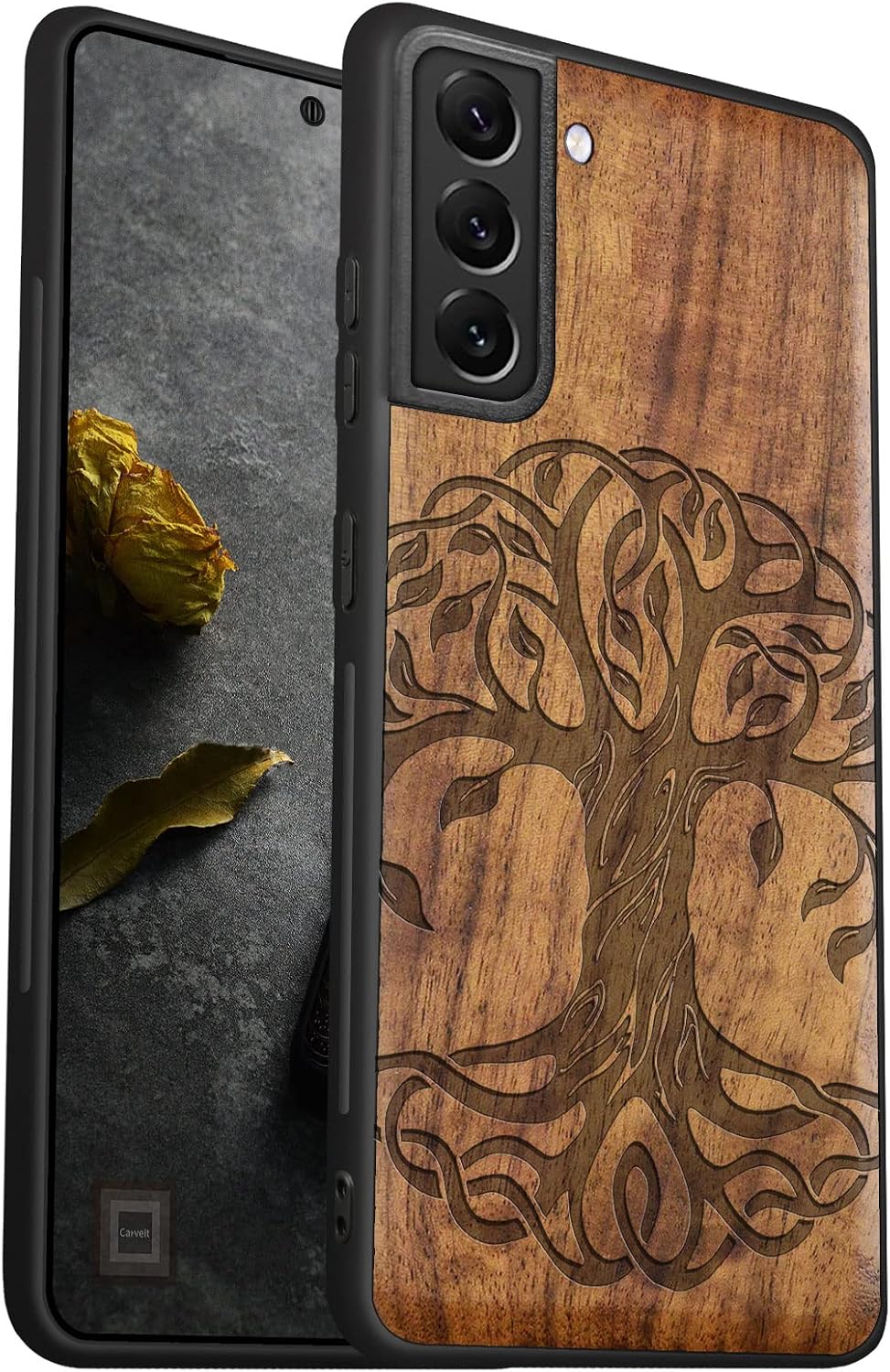 Carveit Wood Case for Galaxy S22 Plus Case [Natural Wood & Black Soft TPU] Shockproof Protective Cover Unique & Classy Wooden Design Compatible with S22 Plus (Celtic Tree of Life-Walnut)